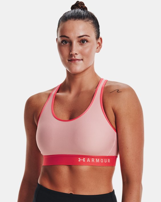 Women's Armour® Mid Sports Bra, Pink, pdpMainDesktop image number 2